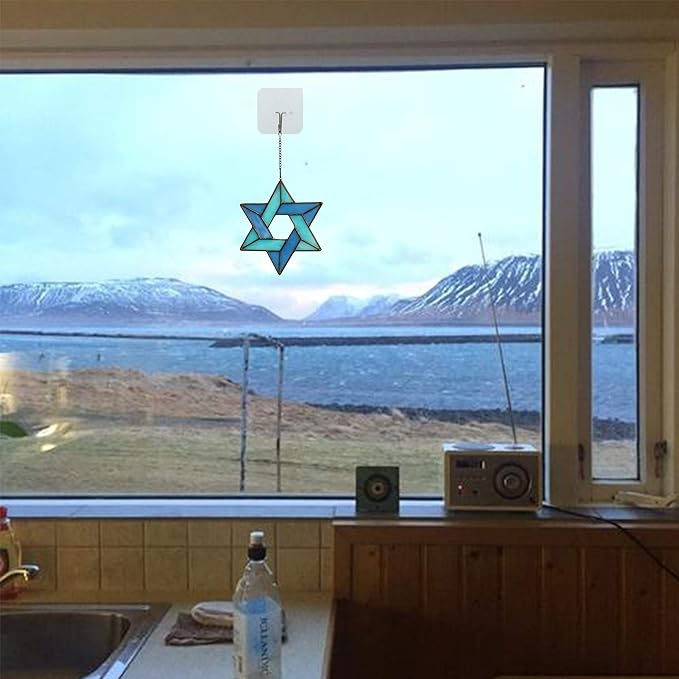 Jewish Star Stained Glass Window Hanging,Star of David Suncatcher for Home Office,Family Guardian Birthday Gifts for Women, Housewarming Gifts