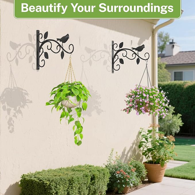 iDavosic.ly Plant Hangers Outdoor 2-Pack, 12 Inch Heavy Duty Iron Wall Brackets for Hanging Plants, Baskets, Bird Feeders, Lanterns, Wind Chimes, Indoor Metal Hooks for Garden Porch Patio, Black