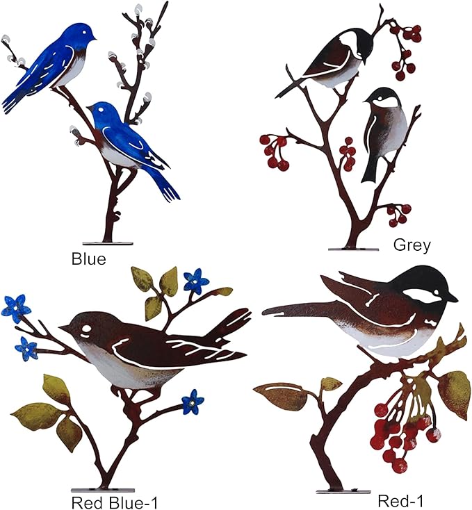 Wrought Iron Bird Decoration Metal Iron Art Animal Bird Hanging Ornaments Cute Bird Art Iron Sculpture Creative Outdoor Silhouettes Garden Crafts for Garden (red Blue)