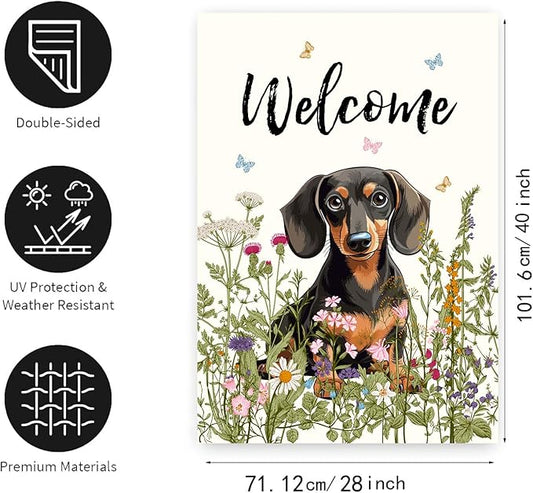 Floral Dachshund Garden Flag Spring Summer House Flags 28 x 40 Double Sided Flower Dog Yard Flags for Outside Large Outdoor Welcome Flags