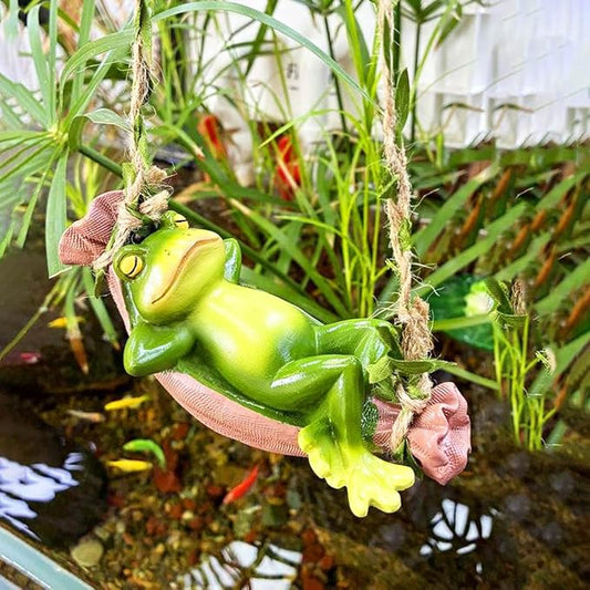 Hanging Frog Statue,small Resin Swing Frog Statue,Ornament Green frog on swing with Hemp Rope and Leaf Vines,Indoor and Outdoor Hanging Decor for Garden,Patio ,Home.Gifts for Women.(Pink,Green )