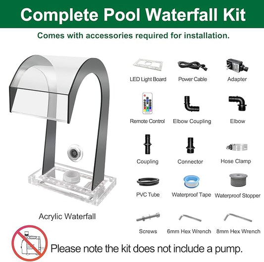 LONGRUN Waterfall Spillway Acrylic S-Shaped Pool Fountain with Color Changing LED Light, Pond Waterfalls Outdoor Water Spillway Fountains Kit for Garden Patio Swimming Pool Decoration-12.6" Height
