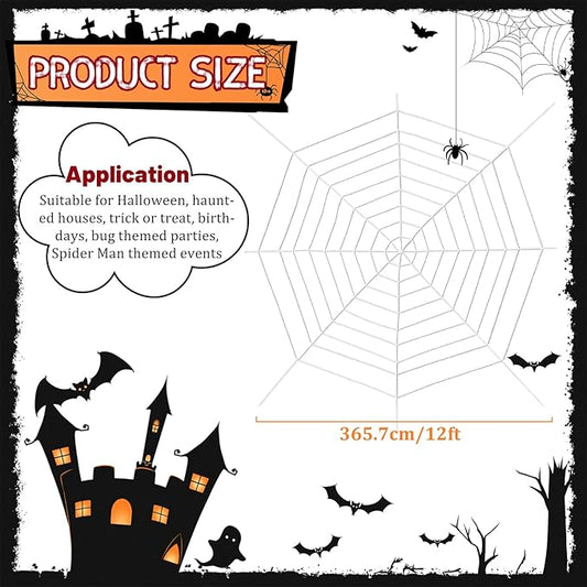 12 FT 9-Ring Spider Web Halloween Decorations, Giant Rope Fake Spider Web for Scary Haunted House, Outdoor Yard, Porch, Wall, and Spooky Trick-or-Treat Hanging Party Decor (White)