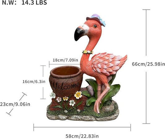 Flamingo Garden Statue Planter with Welcome Sign & Solar LED Light, Waterproof Outdoor Resin Yard Decor, Front Porch Ornament Housewarming Gift(Right Pink Flamingo)