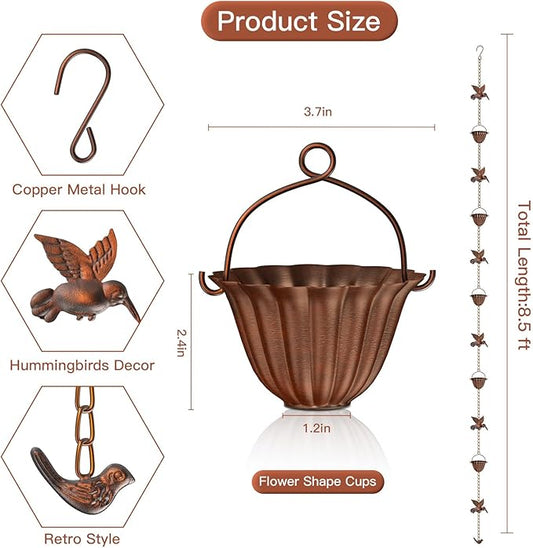 Solid Rain Chain for Gutters – 8.5ft Cast Iron Rain Catcher Chain, Decorative Rain Chimes Outside with 12 Cups & Hummingbird Decor