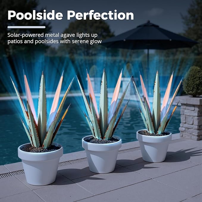 KODIBO 24” Large Solar Metal Agave Plants Outdoor Decor, Tequila Rustic Sculpture Outdoor Statues, Garden Sculpture for Patio Path Courtyard and Lawn (Vintage Blue-Solar Light)