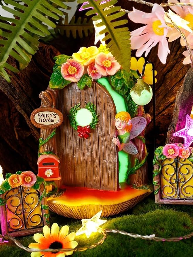 Fairy Garden Decor Fairy Door and Windows for Trees, Glow in The Dark Yard Sculpture Lawn Ornament Mini Garden Art Outdoor Decor Accessories with Lantern (Fairy Opening Door)