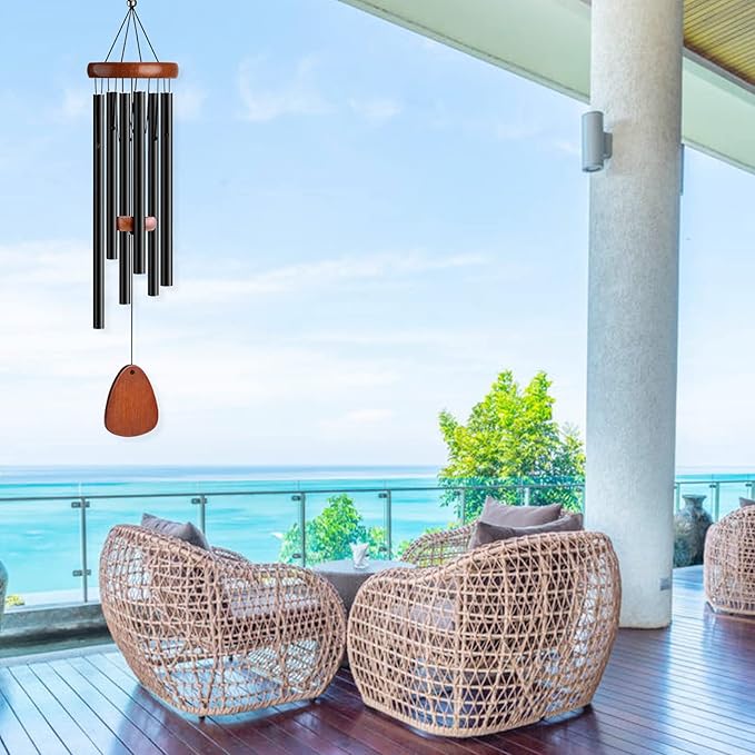 Wind Chimes for Outside Large Outdoor - Memorial Wind Chime Large Deep Tone, Wooden Black Aluminum Chime with 6 Tuned Tubes, Great as a Gift for Home Decor, Patio, Garden and Backyard