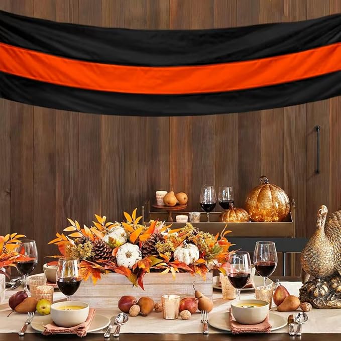 Fall Bunting Thanksgiving Day Décor Autumn Banner Halloween Bunting Flag- 3 Stripe Orange & Black Bunting Flags Trick or Treat Decor Outside Wall Garden Porch Indoor Home - 24" x 240"
