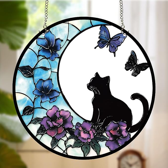 CREATCABIN Cat Window Suncatcher Stained Acrylic Glass Window Hanging Decor 9.8 Inch Round Panel with Metal Chain Flower Butterfly Sun Catcher Wall Art for Home Garden Halloween Christmas Decor