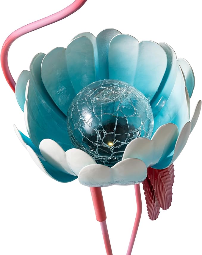 Glitzhome Solar Flamingo Garden Statue, 26.25 Inch Metal Outdoor Solar Light with Colorful Sculpture and Blue Bowl, Weather-Resistant Solar-Powered Decor for Yard, Patio, Lawn