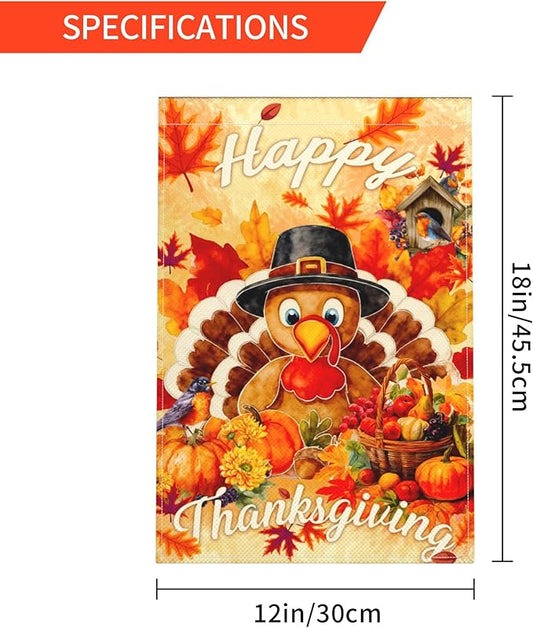 Thanksgiving Turkey Pumpkin Garden Flag Seasonal Double Sided 12 x 18 Inch Small Yard Flag for Indoor Outdoor Decor Holiday All Seasons