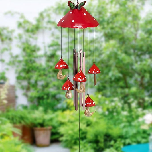 EVOLUX Wind Chimes for Outside, Mushroom Wind Chime Garden Decor Outdoor, Yard Decorations Wind Chimes for Mom Grandma Women Housewarming(Red)