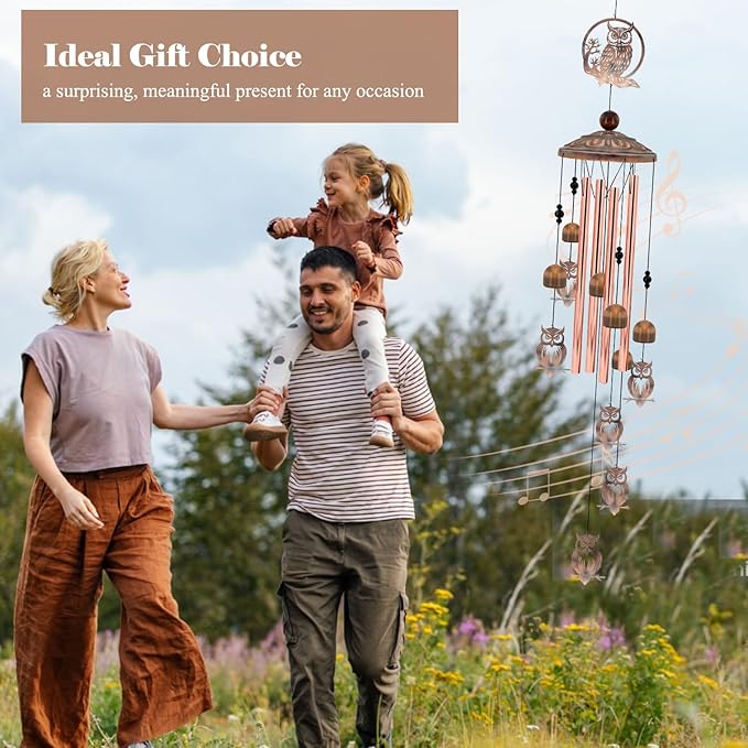35 Inch Owl Wind Chimes for Outside - Rustic Copper Metal Silhouette Decor with 6 Handcrafted Pendants - Wisdom & Guardian Memorial Windchime - Unique Gift for Owl Lovers, Garden & Patio