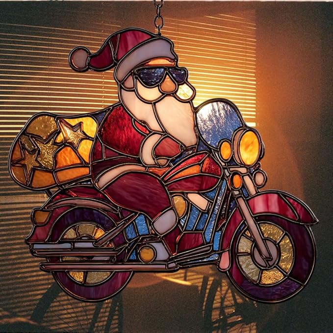 Cool Santa Riding Motorcycle Mosaic Acrylic Suncatcher Stained Glass Effect Window Car Hanging Christmas Ornament Indoor Outdoor Decor Garden Sun Catcher Panel for Women Mom Grandma