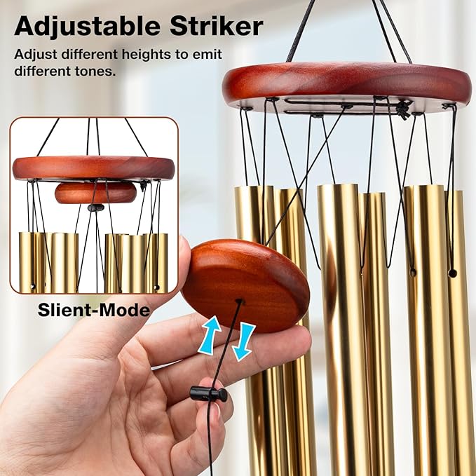 32'' Memorial Wind Chime with Wooden Photo Frame - Personalized Wind Chimes for Loss of Family, Friend, or Pet, Deep Tone Sympathy Chimes for Indoor or Outdoor Decor, Garden, Patio Memorial - Gold