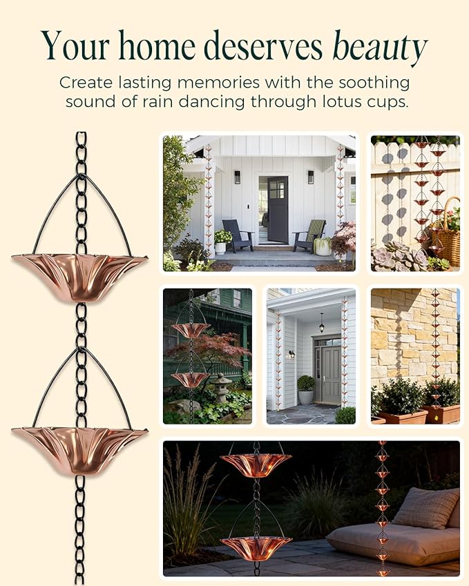 2Items 8.5FT Outdoor Rain Chain with 12 Lotus Cups & Bell, Decorative Rain Chains for Downspouts, Adjustable Gutter Drainage Replacement for Eaves, Easy Installation Water Catcher Chain