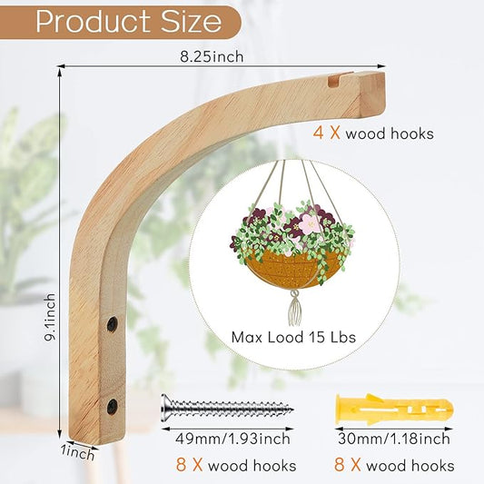 Juexica 4 Pcs Plant Hanger Wooden, 8 Inch Hanging Plant Hooks for Indoors and Outdoor, Wall Mounted Hanging Hook Brackets for Planters Lanterns Wind Chimes and Bird Feeders Patio Decor(Wood Color)