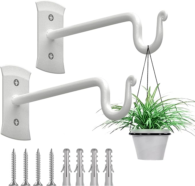 RTZEN Plant Hangers Outdoor or Indoor - Wrought Iron Metal Hanger Indoor Hook - Heavy Duty Wall Bracket Hooks for Hanging Plants Baskets Lanterns Wind Chimes - 2 Pack (White Shepherds Hooks 7.5")