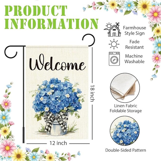 Blue Hydrangeas Spring Garden Flags for Outside,Welcome Spring Yard Flag for Porch Lawn Outside Decor 12x18 Inch Double Sided