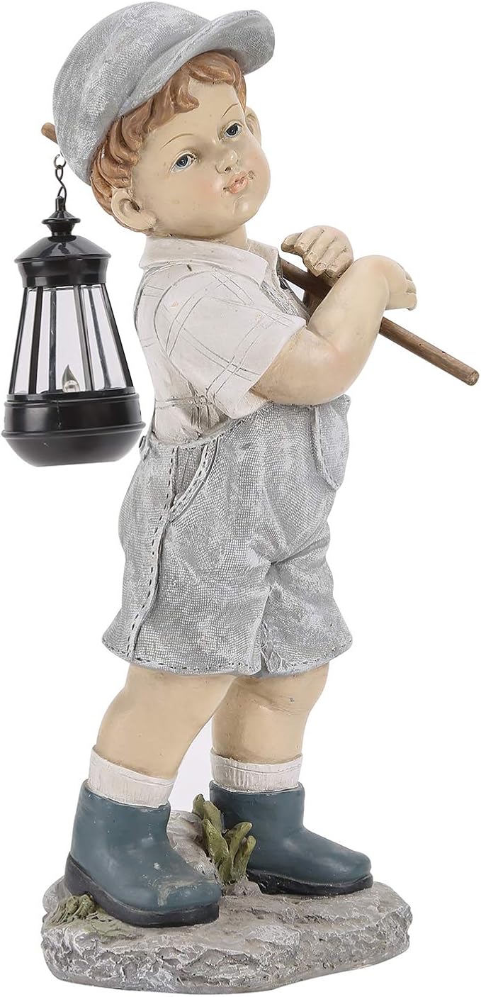 Solar Boy Statue, Boy Garden Statues with Solar Lantern for Garden, Patio, Lawn, Yard, Housewarming, Hand-Painted Sculpted Figure, 17.5”H