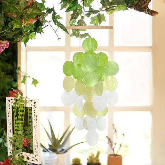 Wind Chimes for Outside, Handcrafted Green Gradient Capiz Shells Windchime Coastal Style Decor for Indoor/Outdoors, Garden Decors, Great Gift for Women, Beach Hanging Decor, Wind Chimes Lovers