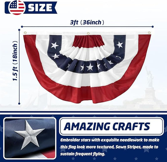6Pack American USA Pleated Fan Flag, 2x4 Feet American USA Bunting Decoration Flags Embroidered Patriotic Stars & Sewn Stripes Canvas Header Brass Grommets