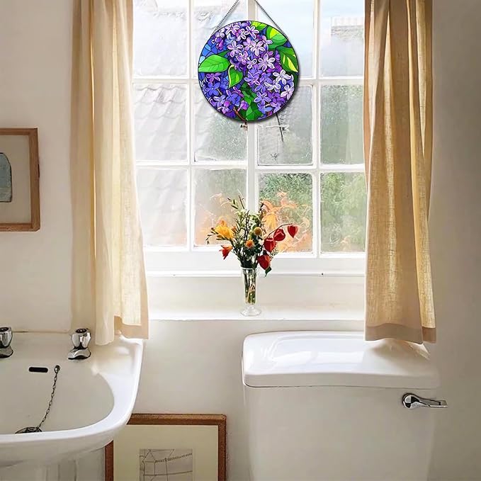 Purple Flowers Hanging Stained Glass for Window 7.87" Sun Catcher Garden Hanging Decoration Sun Catchers Colorful Glass Gifts for Women Mother's Day Valentine's Day Decorations Holiday