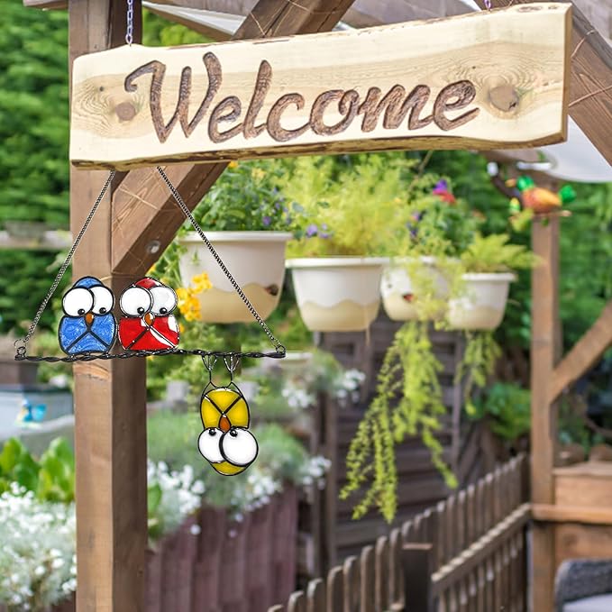 Stained Glass Birds Window Hangings, Multicolor 3 Owls Double-Side Stained Glass Hummingbird Decorations,Bird Suncatcher for Window Home Garden Decor Hummingbird Gifts for Bird Lovers (Yellow)