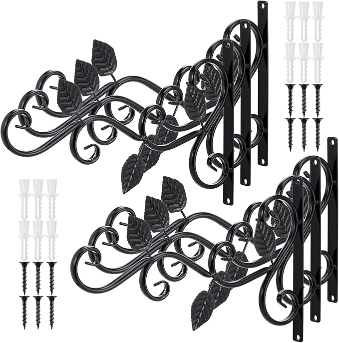 6 Pack Hanging Plant Brackets 12-Inch, Black Iron Wall Hooks for Planters, Lanterns, Bird Feeders & Wind Chimes Indoor/Outdoor