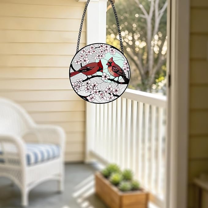 Stained Glass Window Hanging, Cardinal Sun Catcher Glass Panel with Metal Chain, Red Suncatcher Decor for Women, Men, Wife, Aunt, Lovers Birthday 7.8 in