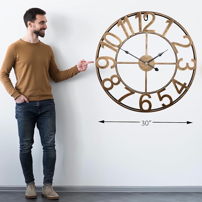 30 Inch Large Outdoor Clock, Vintage Gold Oversized Battery Analog Clock Silent Non-Ticking, Gaint Rustic Industrial Metal Decorative Wall Clock for Living Room, Kitchen, Farmhouse, Patio