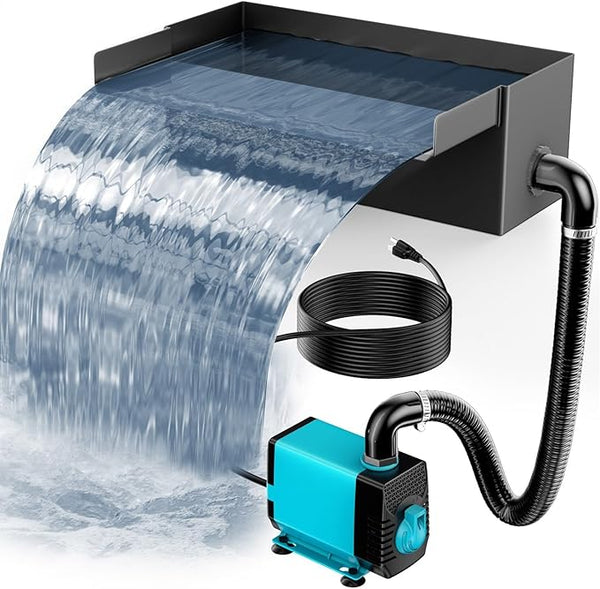 POPOSOAP Pond Waterfall Spillway with Pump Kit, 304 Stainless Steel Pond Waterfall Box, Pond Spillway with 9.8FT Corrugated Tubing for Garden Waterfall Water Features-8Inch-P42