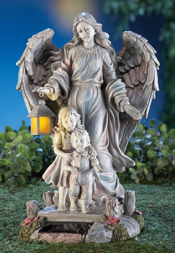 TRM Collections Etc Solar Guardian Angel & Children Garden Statue, Gray