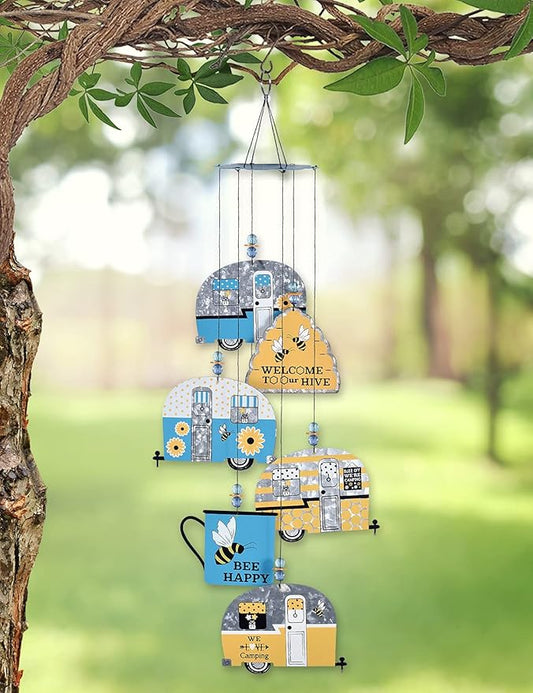 Sunset Vista Designs 93648 Glamping Bees-22" x 6" x 6" Handcrafted Wind Chime, Retro Bee Camper