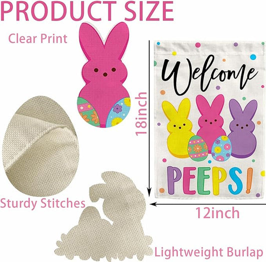 Welcome Easter Garden Flag 12x18 Inch Double Sided Easter Eggs Bunny Garden Flags for Outside, Spring Seasonal Decorations, Cute Rabbit Yard Lawn Flags for Holiday Farmhouse Outdoor Decor (Burlap)