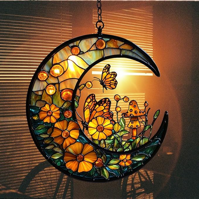 Floral Cresent Moon Acrylic Suncatcher Stained Glass Effect Window Car Hanging Christmas Ornament Indoor Outdoor Decor Garden Sun Catcher Panel for Boho Lover for Women Mom Grandma