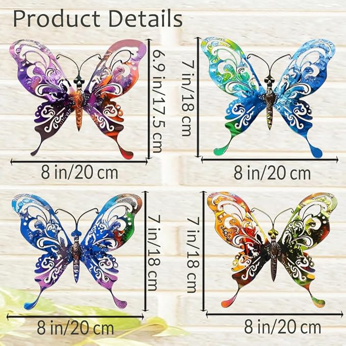 4Pcs Butterfly Metal Sign Wall Art Decor,Set of 4 Colorful Butterflies Ornament Bedroom Hanging Gifts for Birthday Housewarming,Butterfly Decorate for Fence Garden Yard Patio Farmhouse Front Door