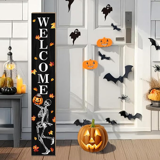 Funny Skull Porch Sign Halloween Skeleton Welcome Sign for Patio, Fall Decorations Wooden Front Door Signs Outdoor Pumpkin Standing Yard Sign Seasonal Vertical Signs for Holiday Wall Party Decor