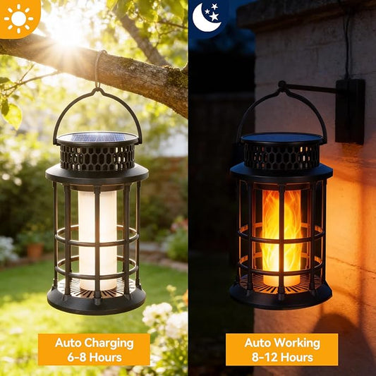 ELUTENG Solar Lantern Outdoor Waterproof Flickering Flame Hanging Lantern, 1200mAh Solar Torch Lights for Patio | Pathway | Yard | Outside Decor