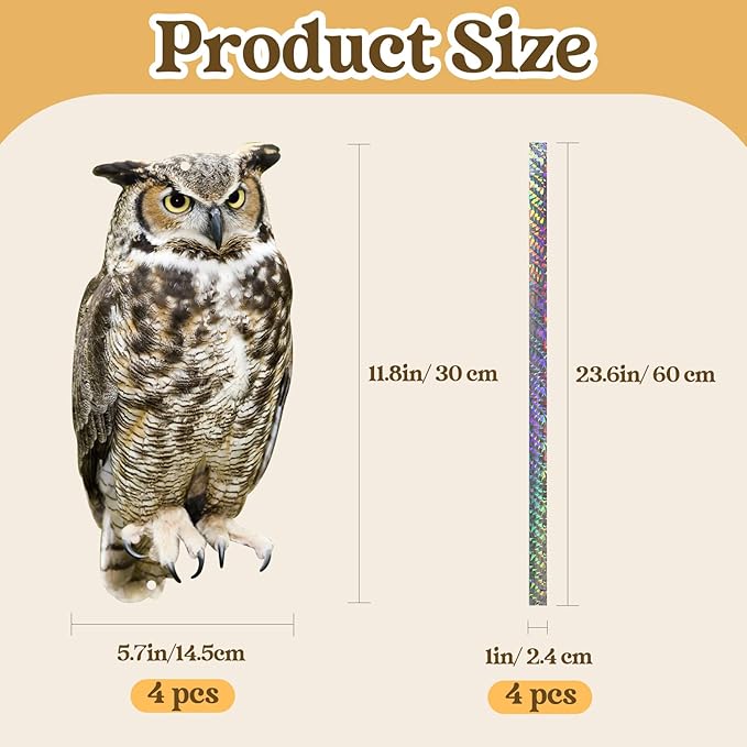 4PCS Fake Owl Plastic Owl to Scare Pigeon for Balcony Hanging Flat Garden Owls with Reflective Tape to Keep Squirrel Woodpecker Away from Outdoor House Window Patio Yard Backyard Front Porch Decor