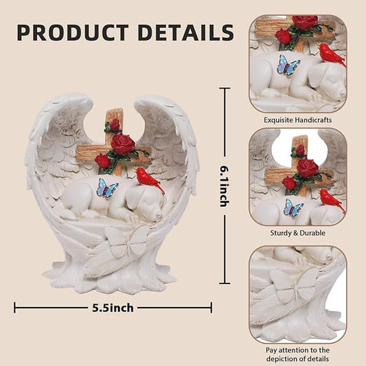 Dog Memorial Stone with Angel Wings Cross Roses Cardinal Butterfly, Pet Grave Markers Sleeping Waterproof Loss of Dog Sympathy Gift for Outdoor Cemetery 6 Inch