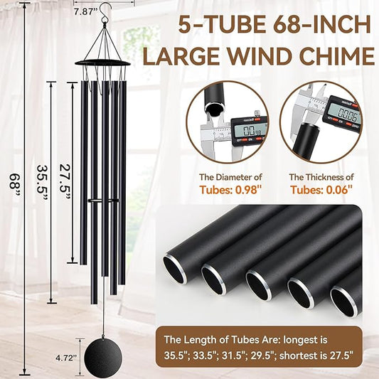 68” Large Wind Chimes for Home Garden Decor, Deep Tone Wind Chimes for Mom Grandma, Memorial Sympathy Gifts for Loss of Loved One, Black
