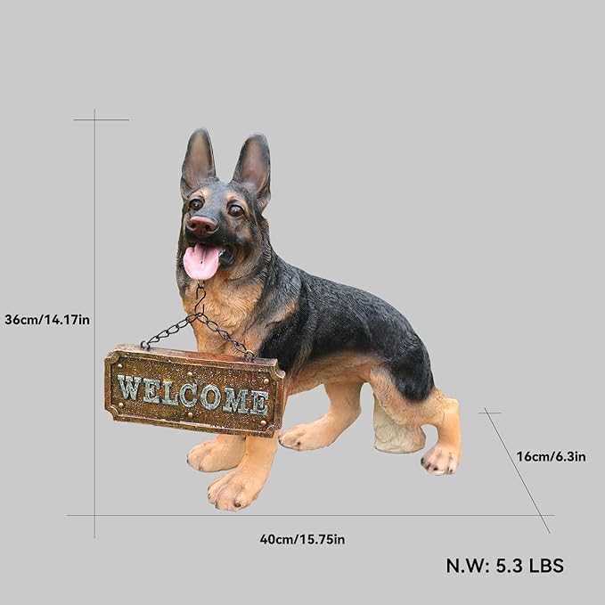 German Shepherd Garden Statue with Solar Lantern, Realistic Dog Sculpture for Yard Art, Birthday Gift for Women Mom Grandma, Housewarming Gift for New Home, Outdoor Resin Puppy Figurine
