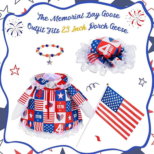JcHrmers 4th of July Porch Goose Outfits Memorial Day Goose Outfit Fits 23" Plastic Cement Goose Statue Patriotic Goose Costume for USA 250th Anniversary Outdoor Garden Patio Yard Lawn Decor