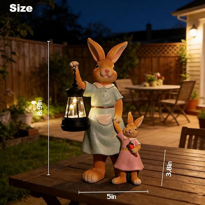 VEEKI Garden Statues Outdoor, Cute Rabbit Statue with Solar Lantern, Resin Bunny Figurines Lights Outdoor Waterproof for Patio Yard Lawn Ornament, Unique Housewarming Birthday Gifts for Women (Bunny)