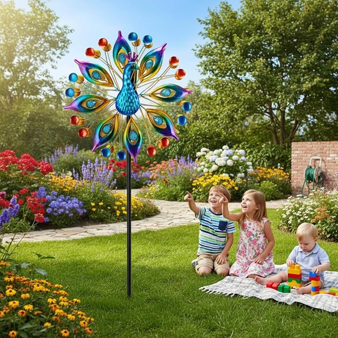 Peacock Outdoor Wind Spinner, 64 Inch Double Wind Sculpture,Waterproof Wind Sculptures & Spinners, Metal Windmill for Garden Yard Patio Decoration