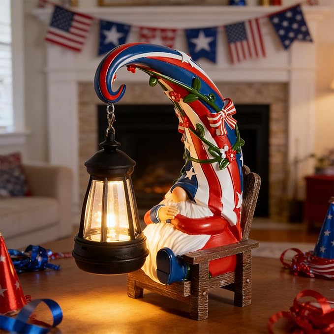 WDS WONDROUS Solar Garden Gnome Statue Decor with LED Lights 4th of July Gnome Decorations for Yard Outdoor Patio Lawn Balcony Decor Birthday Gift for Woman Grandma Outside Independence Day Sulptures