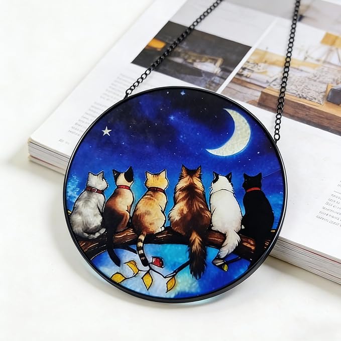 7.8 in Stained Glass Window Hanging, 6 Cats and Moon Suncatcher for Home Decor, Handmade Decorative Ornament Boho Wall Art Ideal Gift for Mom Grandma Cat Lovers Housewarming