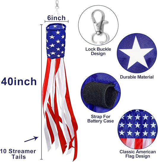 250th Anniversary USA, 2 Pack 40 Inch American Flag Windsock with Lights Red White Blue Star Stripes Patriotic Windsock Hanging 4th of July Decorations Memorial Day Independence Day Fourth of July